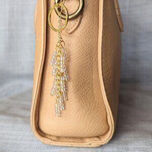 BAG CHARM WITH CLEAR IRIDESCENT BEADS, GOLD TONE CHARM FOR PURSE TOTE BACKPACK